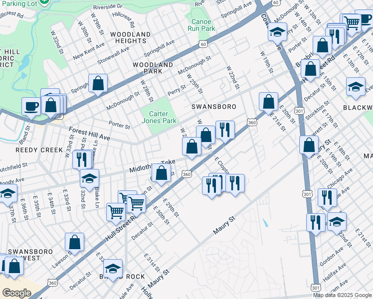 map of restaurants, bars, coffee shops, grocery stores, and more near 2707 Midlothian Turnpike in Richmond