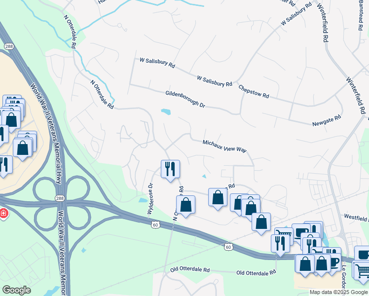 map of restaurants, bars, coffee shops, grocery stores, and more near 313 Michaux Crossing Lane in Midlothian