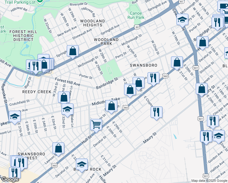 map of restaurants, bars, coffee shops, grocery stores, and more near 9 West 28th Street in Richmond