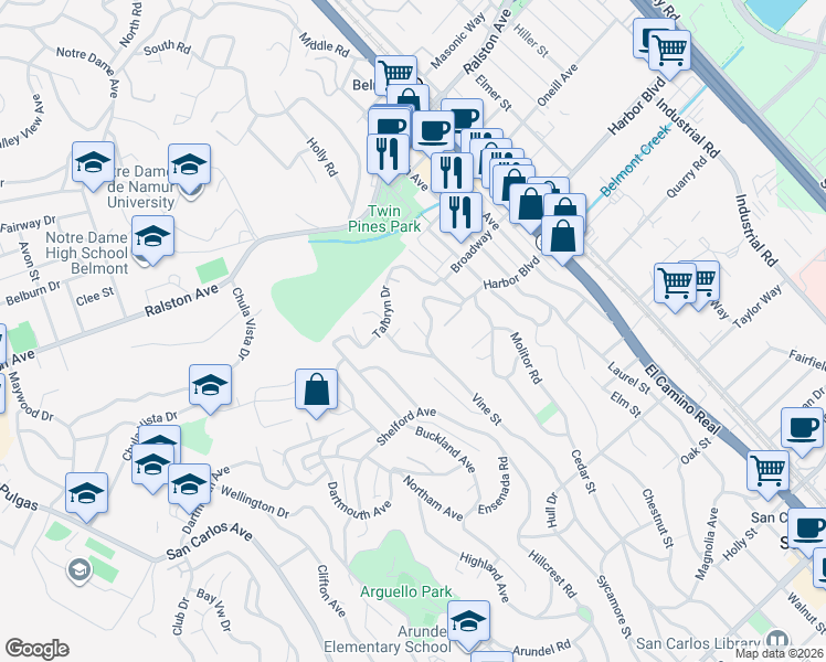 map of restaurants, bars, coffee shops, grocery stores, and more near 1415 Arden Lane in Belmont