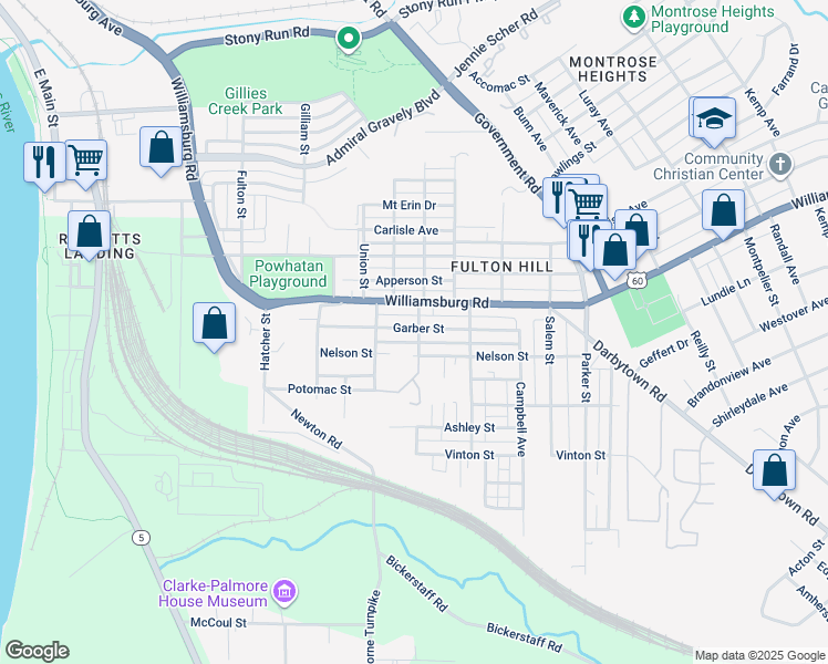 map of restaurants, bars, coffee shops, grocery stores, and more near 1233 Garber Street in Richmond