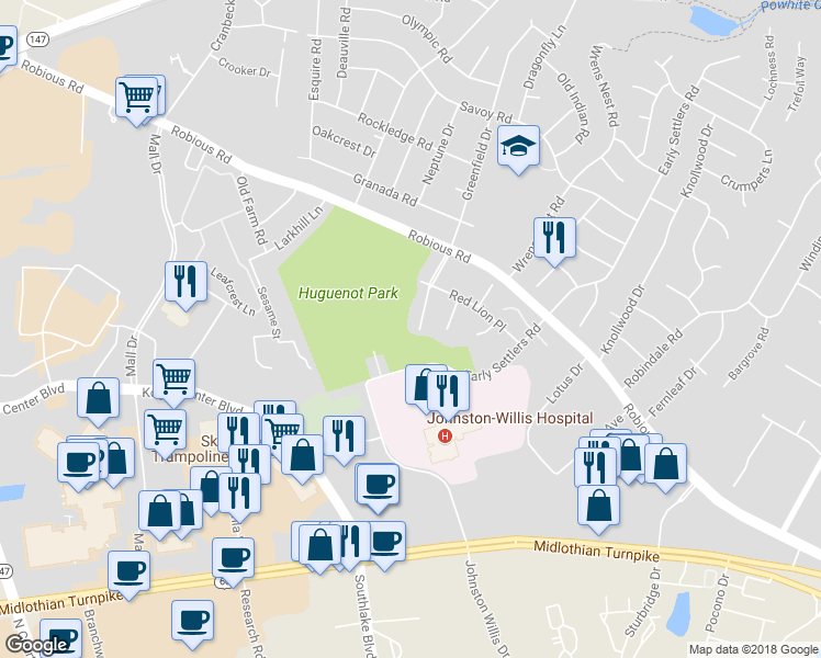 map of restaurants, bars, coffee shops, grocery stores, and more near 1600 Greenfield Drive in Richmond