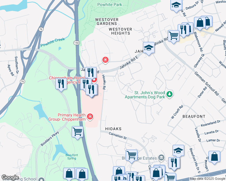 map of restaurants, bars, coffee shops, grocery stores, and more near 1017 Hioaks Road in Richmond