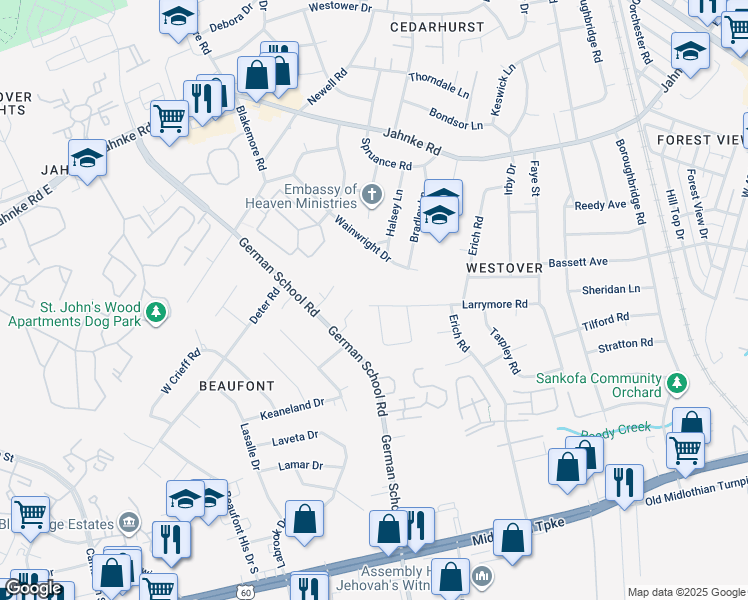 map of restaurants, bars, coffee shops, grocery stores, and more near 5848 Larrymore Road in Richmond