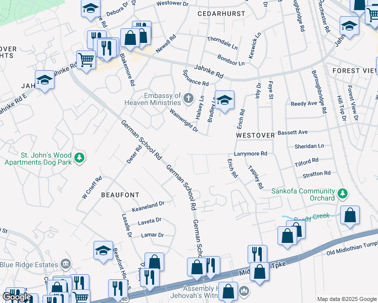map of restaurants, bars, coffee shops, grocery stores, and more near 5848 Larrymore Road in Richmond