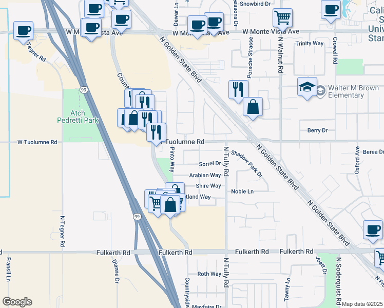 map of restaurants, bars, coffee shops, grocery stores, and more near 2332 Typhoon Drive in Turlock