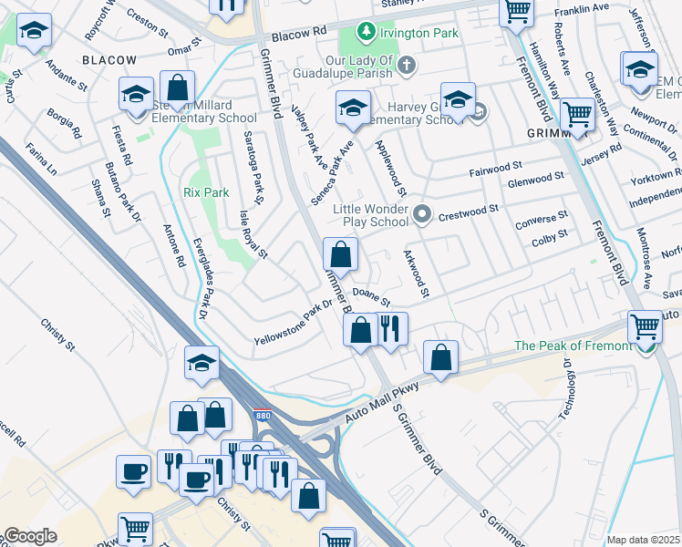 map of restaurants, bars, coffee shops, grocery stores, and more near 43163 Grimmer Terrace in Fremont