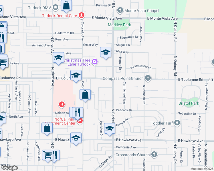 map of restaurants, bars, coffee shops, grocery stores, and more near 1501 La Salle Drive in Turlock
