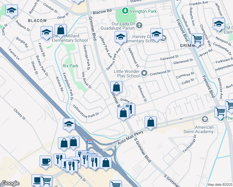 map of restaurants, bars, coffee shops, grocery stores, and more near 43163 Grimmer Terrace in Fremont