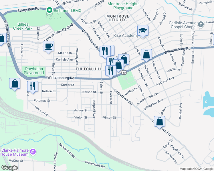 map of restaurants, bars, coffee shops, grocery stores, and more near 1215 Darbytown Road in Richmond