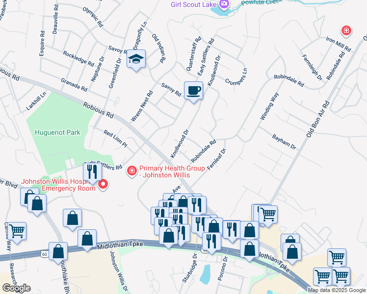 map of restaurants, bars, coffee shops, grocery stores, and more near 1407 Knollwood Drive in Richmond