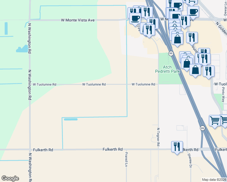 map of restaurants, bars, coffee shops, grocery stores, and more near 3718 West Tuolumne Road in Turlock