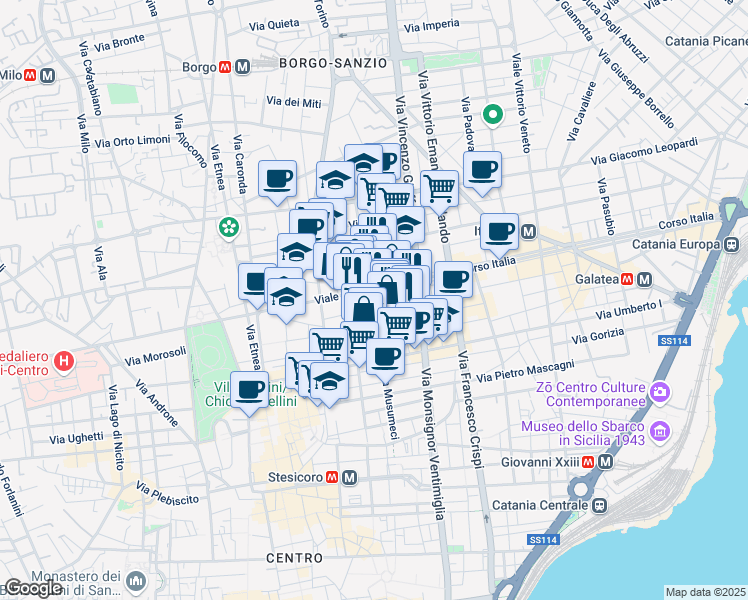 map of restaurants, bars, coffee shops, grocery stores, and more near 124 Via Musumeci in Catania