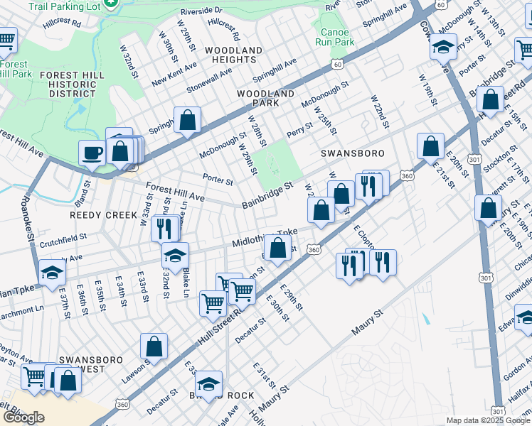 map of restaurants, bars, coffee shops, grocery stores, and more near 2809 Barry Street in Richmond