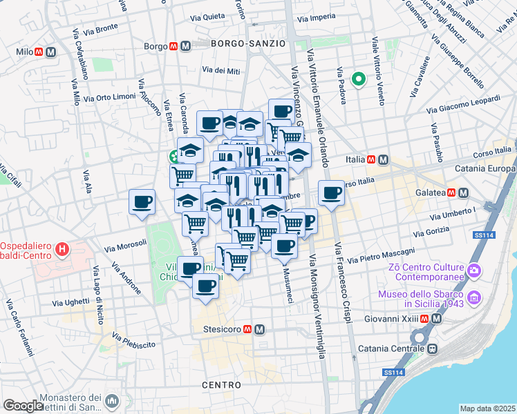 map of restaurants, bars, coffee shops, grocery stores, and more near 30 Via Pietro Toselli in Catania