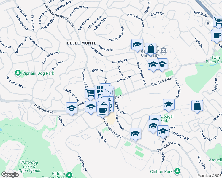 map of restaurants, bars, coffee shops, grocery stores, and more near 1870 Ralston Avenue in Belmont