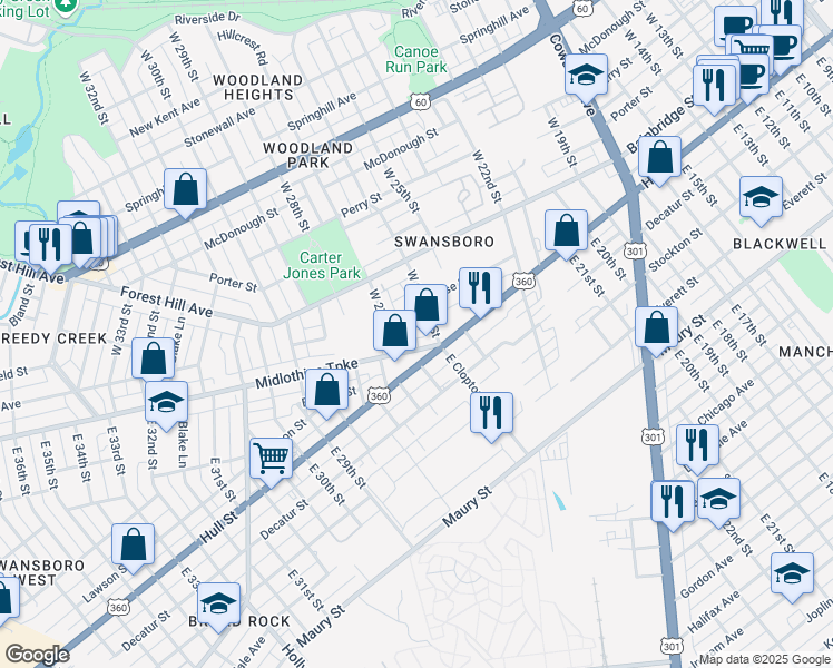 map of restaurants, bars, coffee shops, grocery stores, and more near 2625 Midlothian Turnpike in Richmond