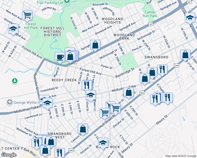 map of restaurants, bars, coffee shops, grocery stores, and more near 205 West Blake Lane in Richmond