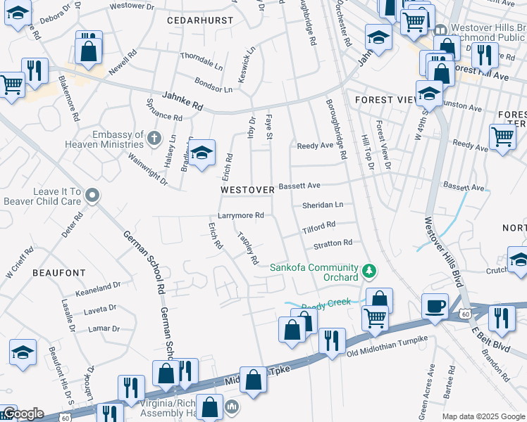 map of restaurants, bars, coffee shops, grocery stores, and more near 5401 Larrymore Road in Richmond
