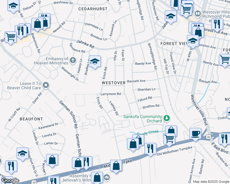 map of restaurants, bars, coffee shops, grocery stores, and more near 5513 Larrymore Road in Richmond