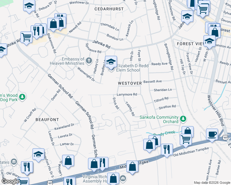 map of restaurants, bars, coffee shops, grocery stores, and more near 5611 Larrymore Road in Richmond