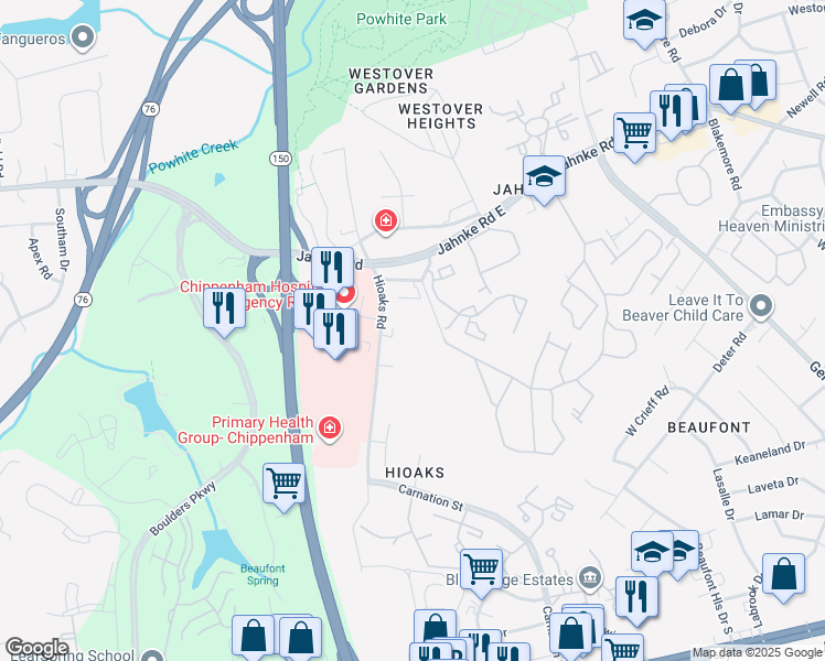 map of restaurants, bars, coffee shops, grocery stores, and more near 1017 Hioaks Road in Richmond