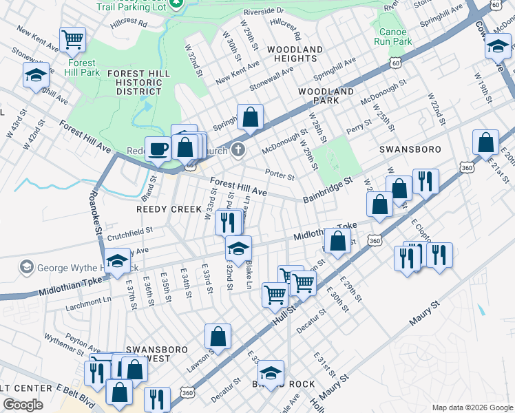map of restaurants, bars, coffee shops, grocery stores, and more near 220 West 31st Street in Richmond