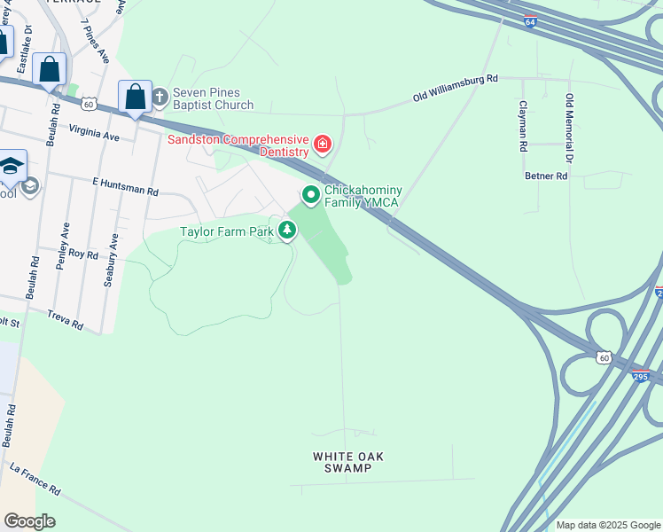 map of restaurants, bars, coffee shops, grocery stores, and more near 239 Whiteside Road in Sandston