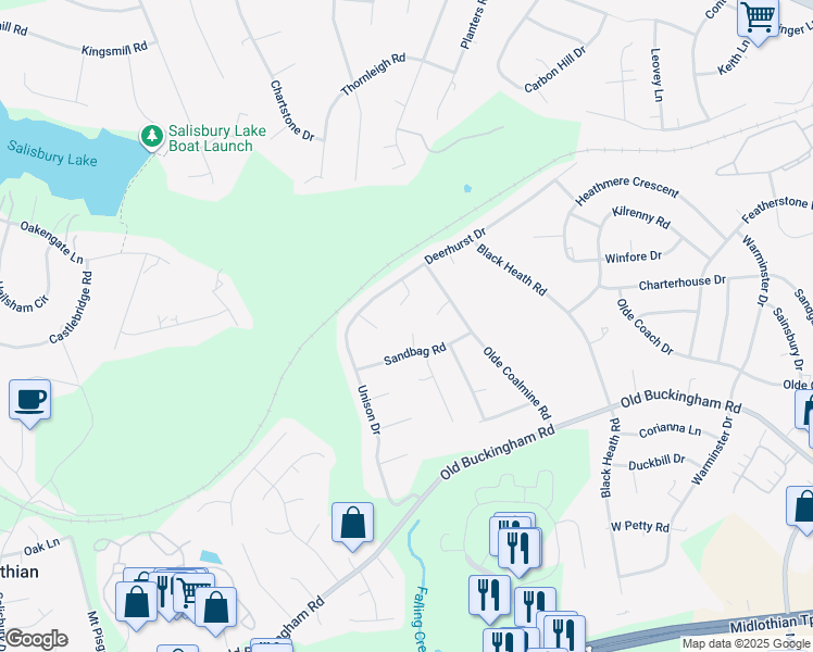 map of restaurants, bars, coffee shops, grocery stores, and more near 1604 Sandbag Way in Midlothian