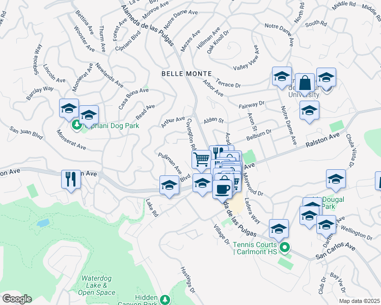 map of restaurants, bars, coffee shops, grocery stores, and more near 830 Covington Road in Belmont
