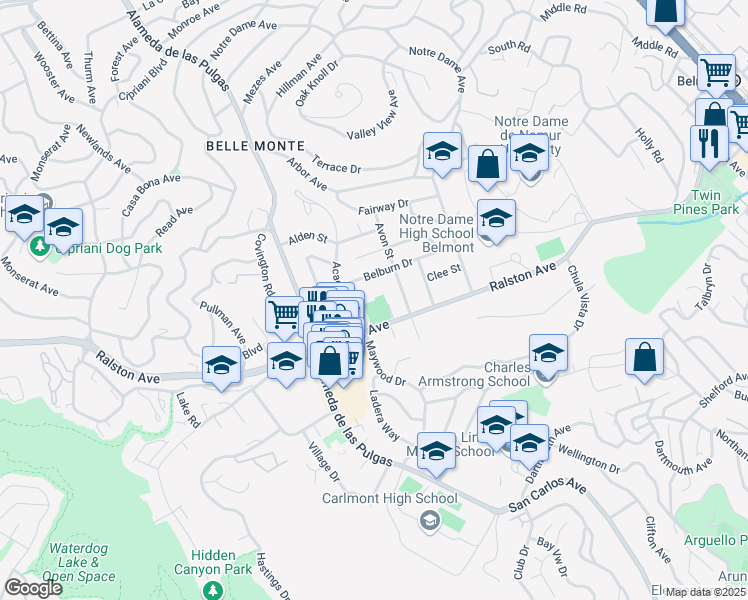 map of restaurants, bars, coffee shops, grocery stores, and more near 1870 Ralston Avenue in Belmont