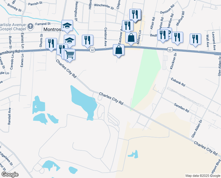 map of restaurants, bars, coffee shops, grocery stores, and more near 2054 Charles City Road in Henrico