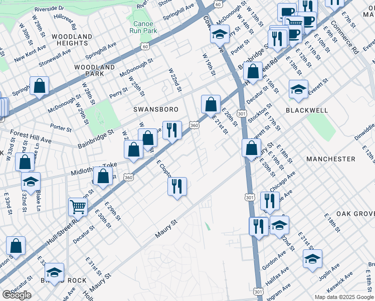 map of restaurants, bars, coffee shops, grocery stores, and more near 2413 Old Dominion Street in Richmond