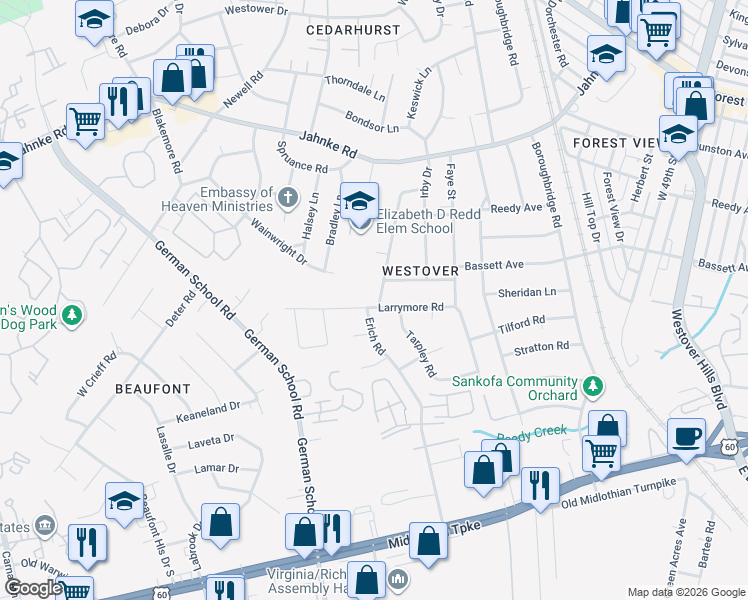 map of restaurants, bars, coffee shops, grocery stores, and more near 5611 Larrymore Road in Richmond