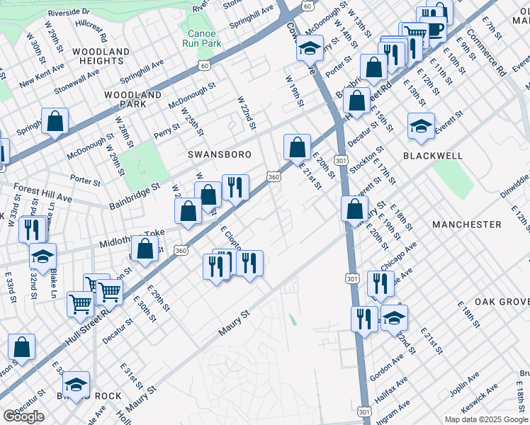map of restaurants, bars, coffee shops, grocery stores, and more near 2413 Old Dominion Street in Richmond