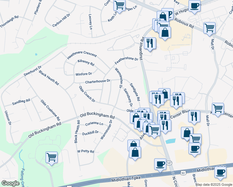 map of restaurants, bars, coffee shops, grocery stores, and more near 1532 Warminster Drive in Midlothian