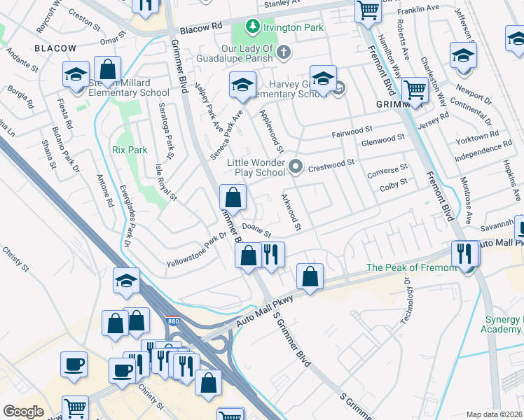 map of restaurants, bars, coffee shops, grocery stores, and more near 43140 Mayfair Park Avenue in Fremont
