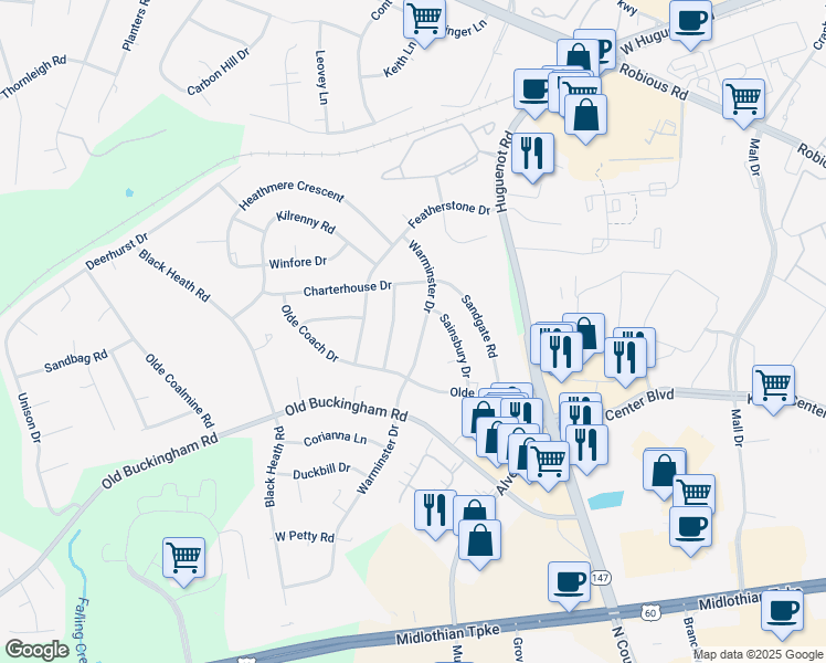 map of restaurants, bars, coffee shops, grocery stores, and more near 1532 Warminster Drive in Midlothian
