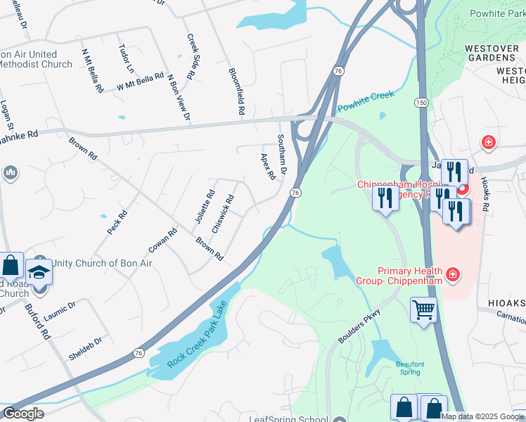 map of restaurants, bars, coffee shops, grocery stores, and more near 1000 Bluffton Drive in Richmond