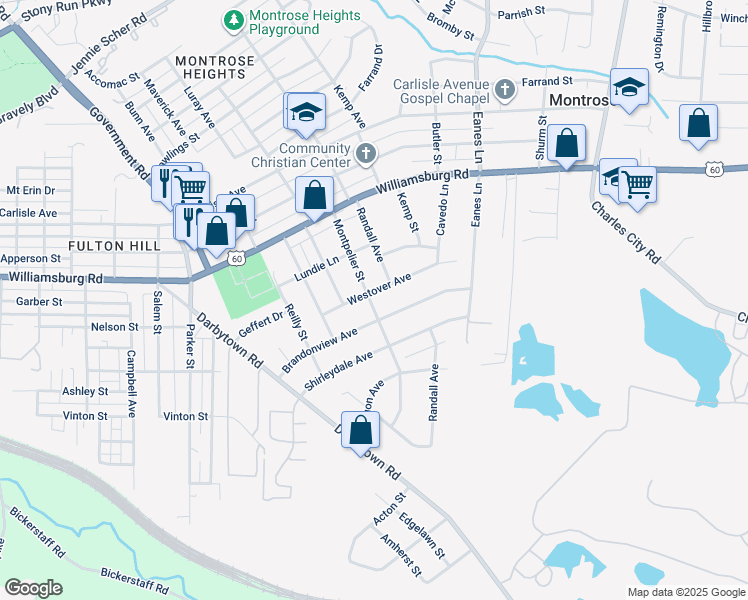 map of restaurants, bars, coffee shops, grocery stores, and more near 2101 Westover Avenue in Richmond