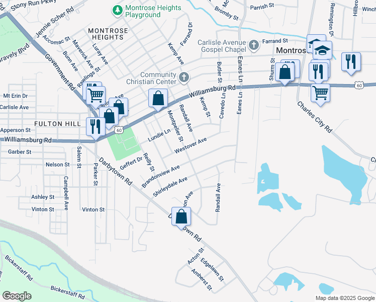 map of restaurants, bars, coffee shops, grocery stores, and more near 2101 Westover Avenue in Richmond