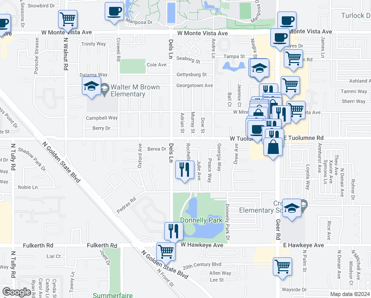 map of restaurants, bars, coffee shops, grocery stores, and more near 2326 Rochelle Avenue in Turlock