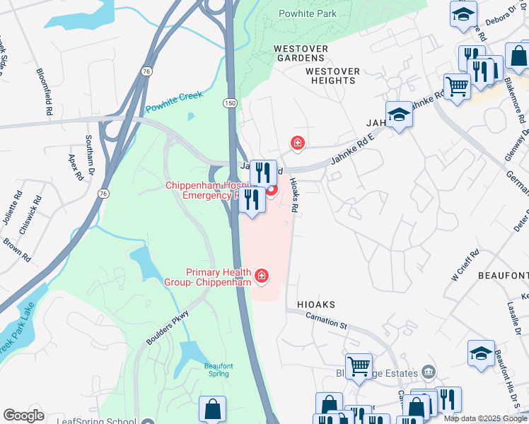 map of restaurants, bars, coffee shops, grocery stores, and more near 7101 Jahnke Road in Richmond