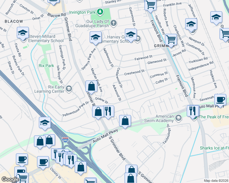 map of restaurants, bars, coffee shops, grocery stores, and more near 43319 Arkwood Street in Fremont