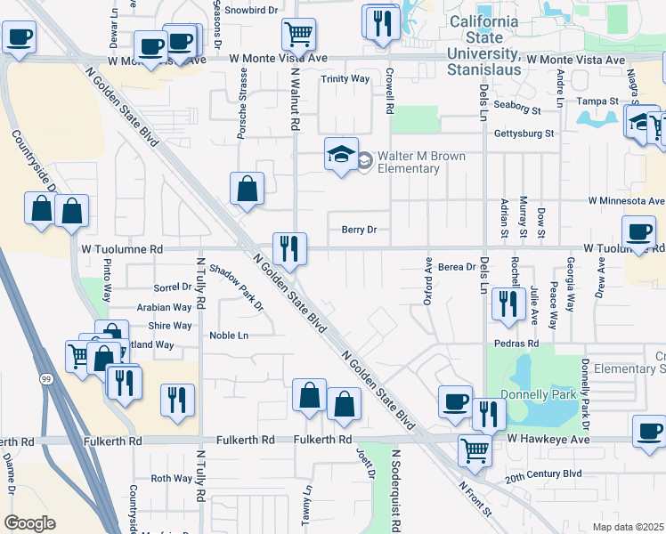 map of restaurants, bars, coffee shops, grocery stores, and more near 2346 Santa Cruz Court in Turlock