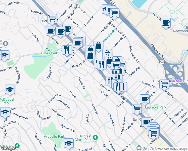 map of restaurants, bars, coffee shops, grocery stores, and more near 1633 6th Avenue in Belmont