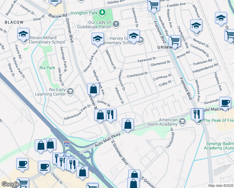 map of restaurants, bars, coffee shops, grocery stores, and more near 43319 Arkwood Street in Fremont