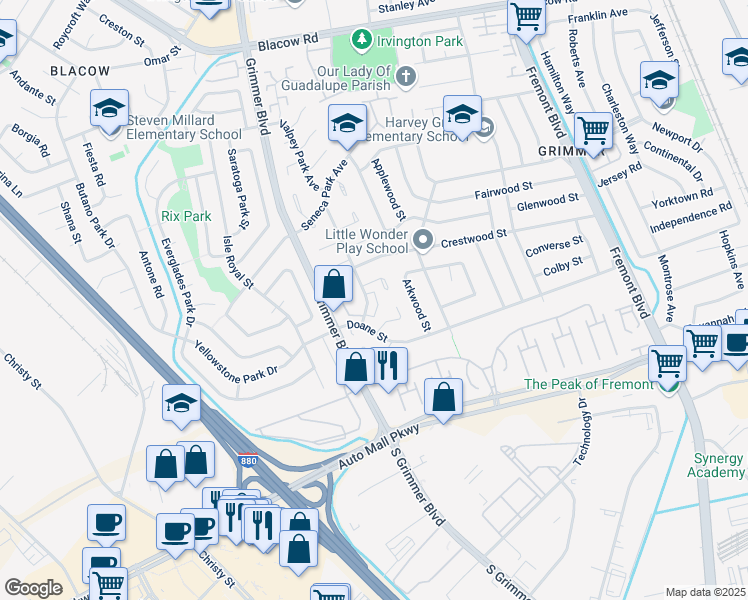map of restaurants, bars, coffee shops, grocery stores, and more near 43162 Mayfair Park Avenue in Fremont