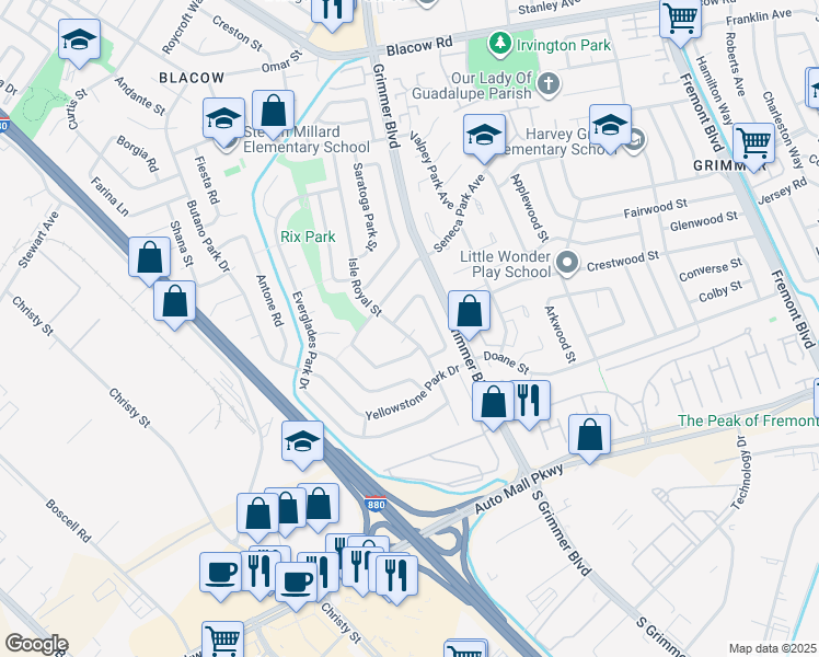map of restaurants, bars, coffee shops, grocery stores, and more near 43100 Isle Royal Street in Fremont