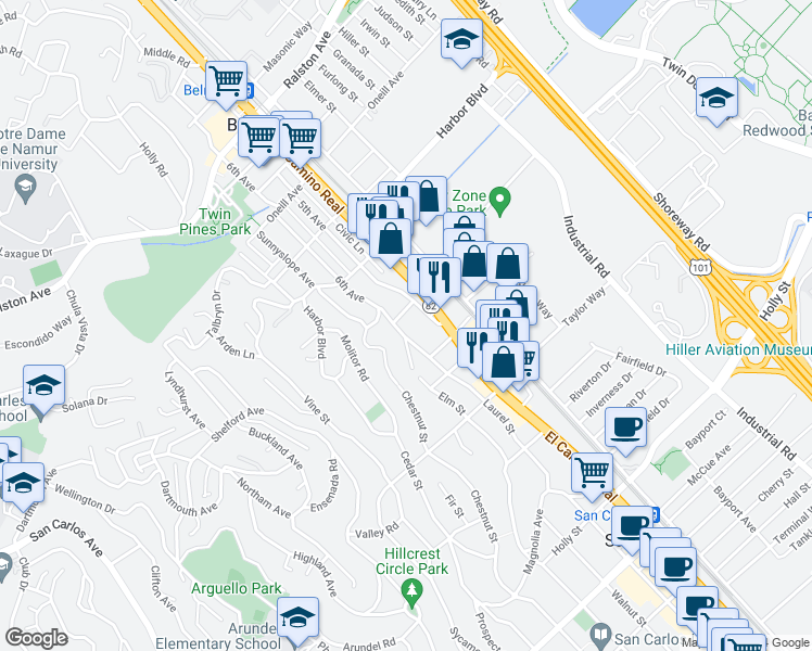 map of restaurants, bars, coffee shops, grocery stores, and more near 1633 6th Avenue in Belmont